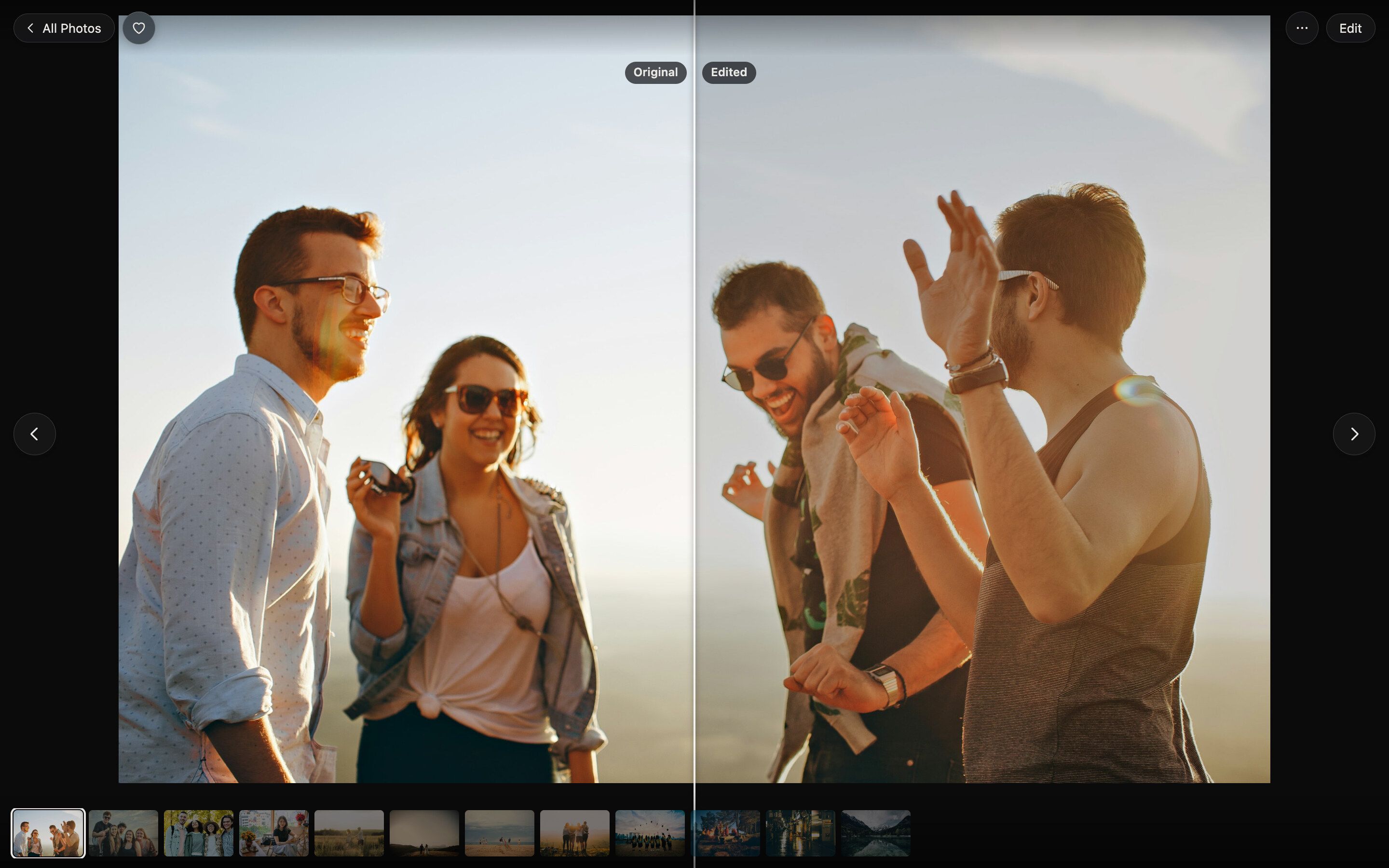 Split view: original and edited, backlit faces lifted